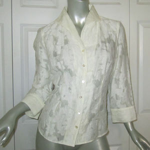TALBOTS Ivory Embroidered Mesh Linen Blend Blouse